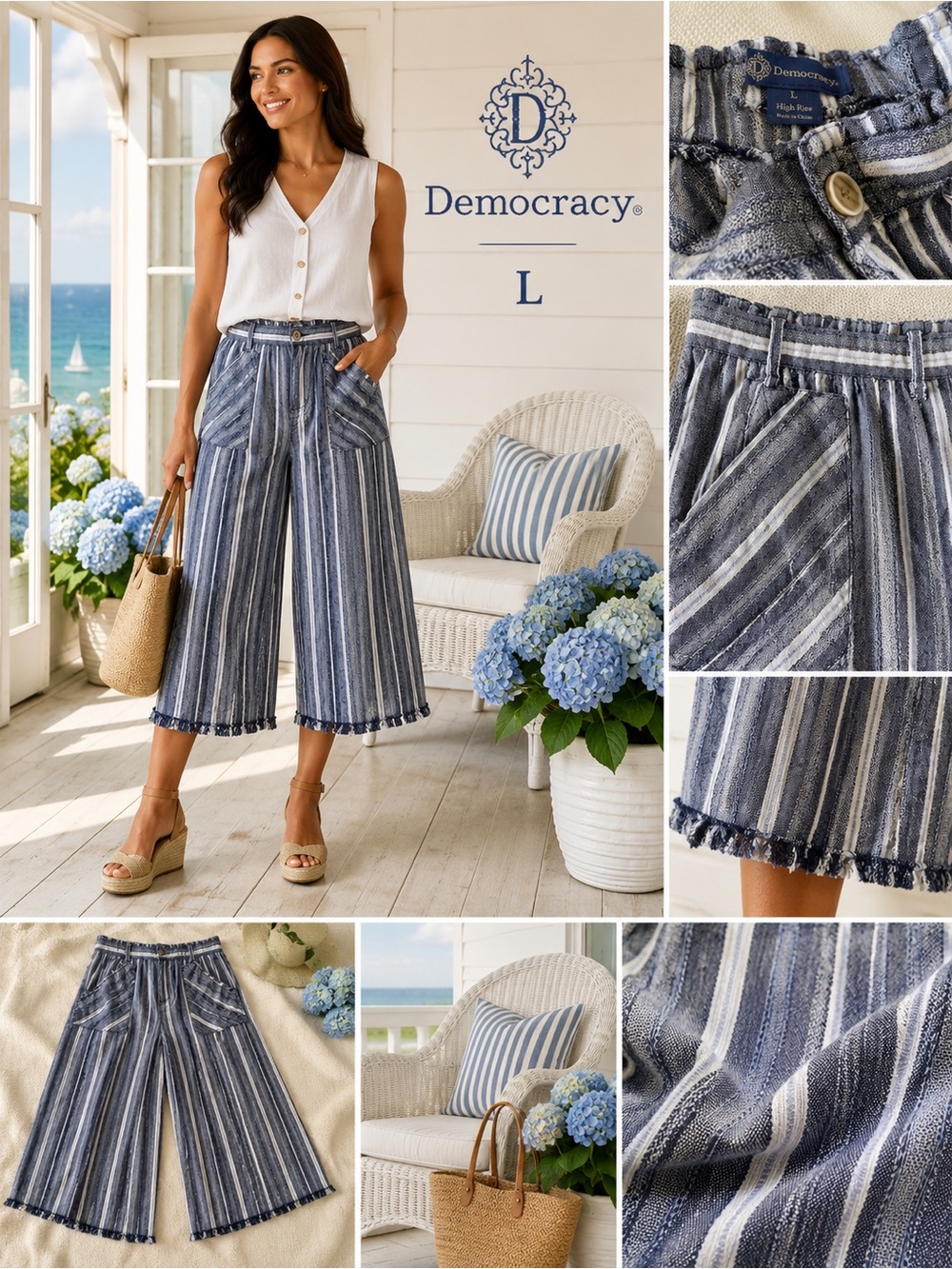 Democracy Linen Blend Striped Cropped Palazzo Pants Large - Picture 2 of 15